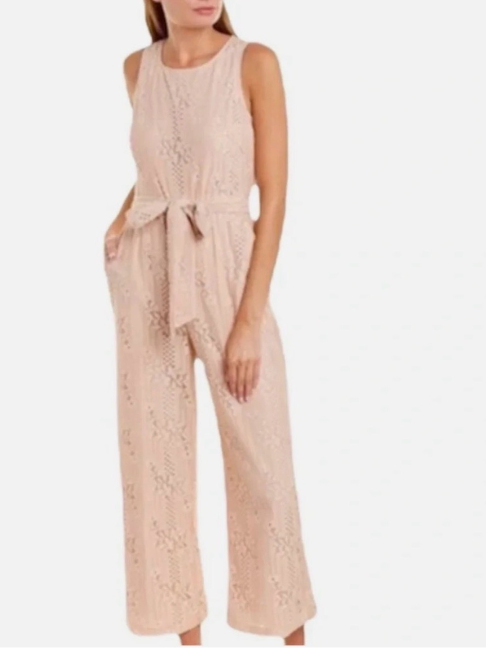 NWT Vince Camuto Blush Lace Sleeveless Jumpsuit with Tie Waist
